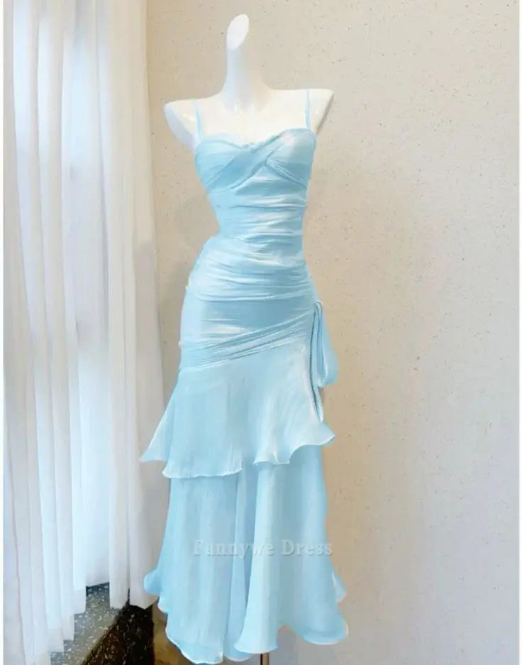 Vestido largo formal de gasa azul claro con tirantes finos para dama de honor, vestido de noche, vestido de fiesta